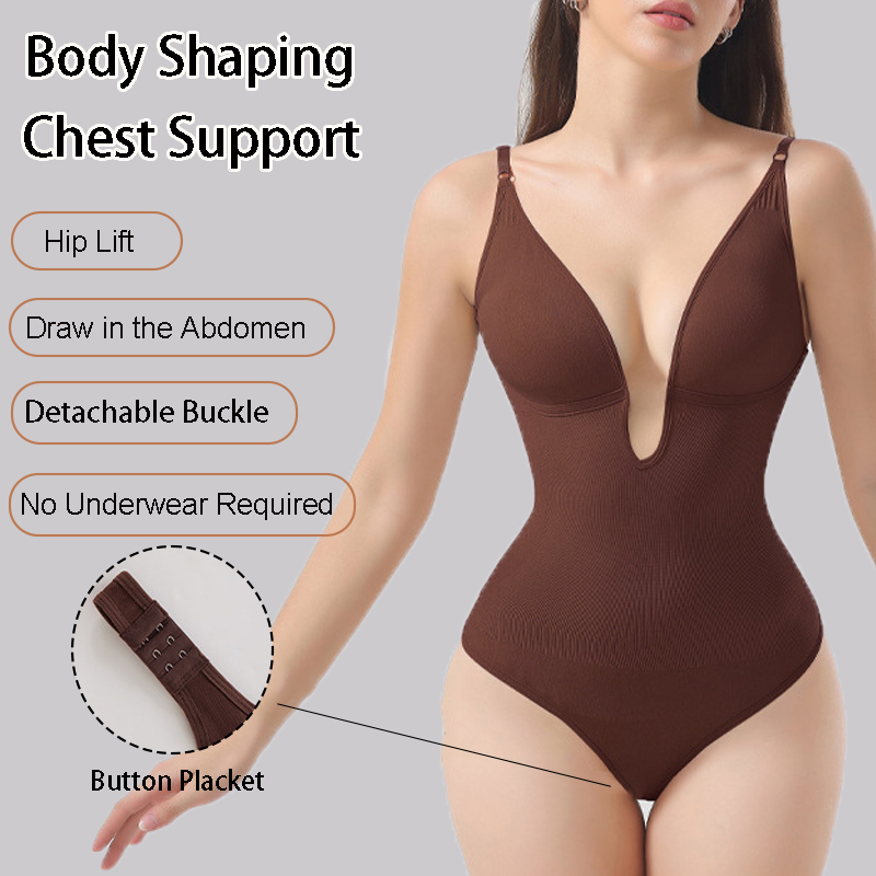Shapewear Bodysuit Firm - ชุดกระชับสัดส่วนไร้ตะเข็บสำหรับผู้หญิง บอดี้สูทเว้าหลัง คอวีลึก ควบคุมหน้าท้อง ทรงจีสตริง ช่วยกระชับสัดส่วน